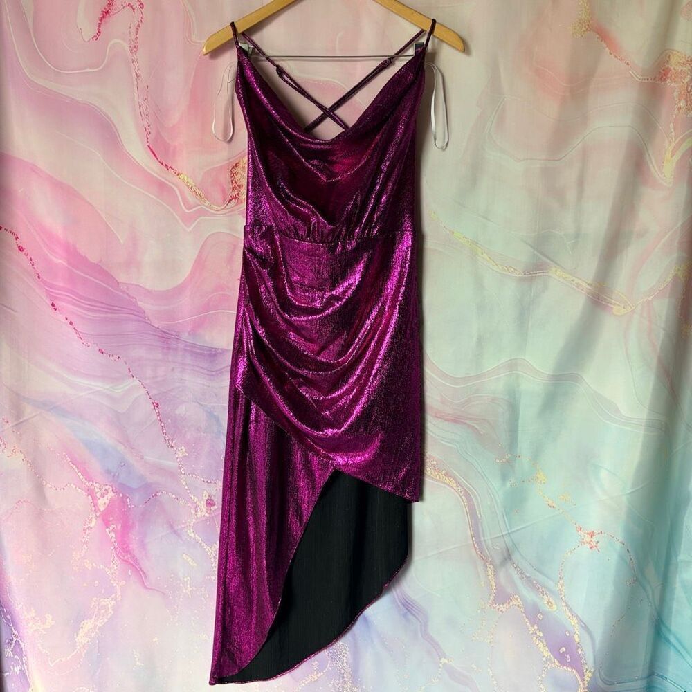Lulu's L Asymmetrical Fuchsia Metallic Bodycon Dress 80s 90s Retro Glam Party